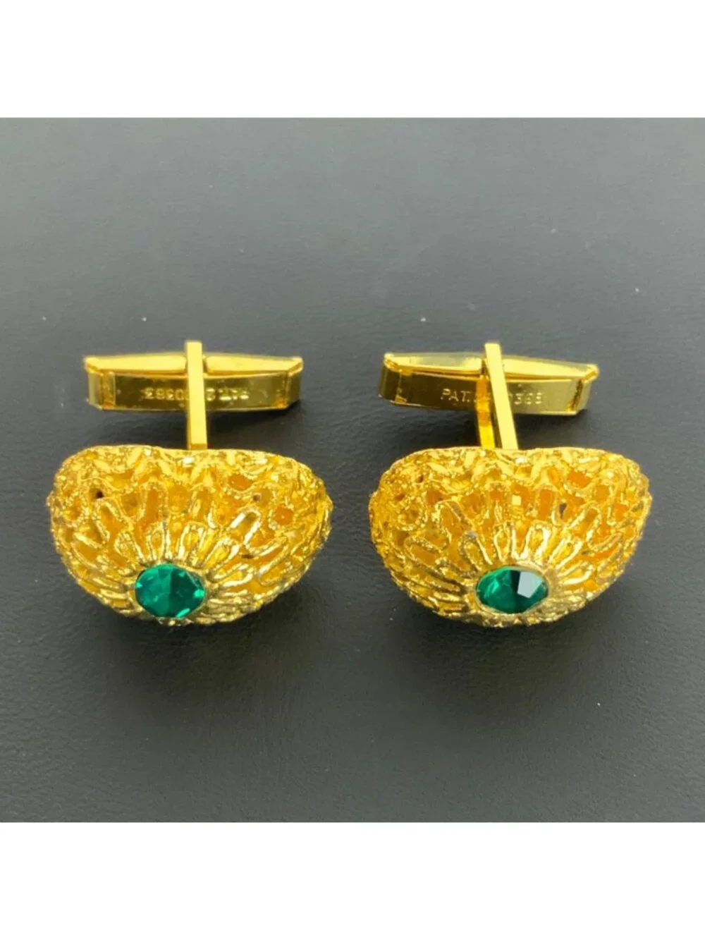 Vintage Gold-Tone Cufflinks With Green Rhinestones Textured Oval Design